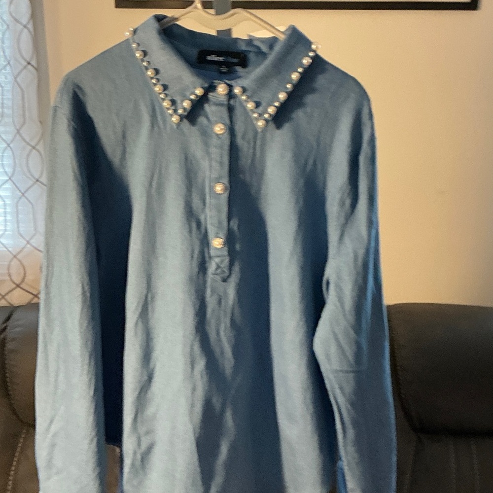 Alice Blue Pearl-Trim Chambray Button Shirt